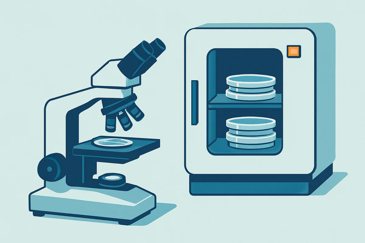 An inverted microscope beside a carbon dioxide incubator with stacks of culture plates on a shelf