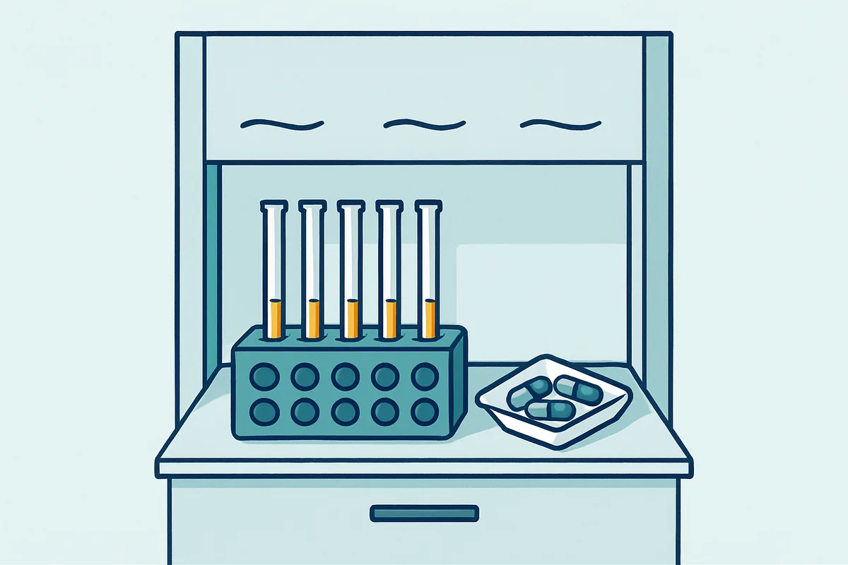 A laboratory fume hood containing digestion tubes in a heating block with supplement capsules on a weighing boat