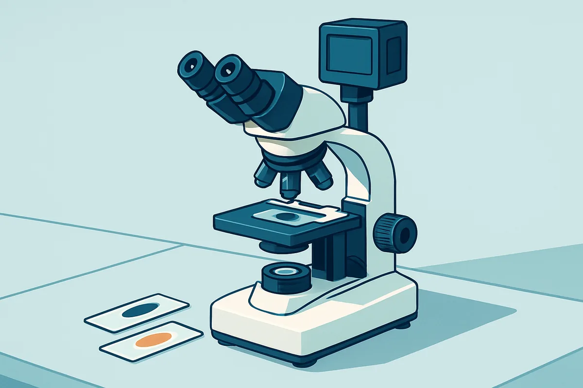 A benchtop light microscope with stained slides and an attached digital camera on a laboratory bench