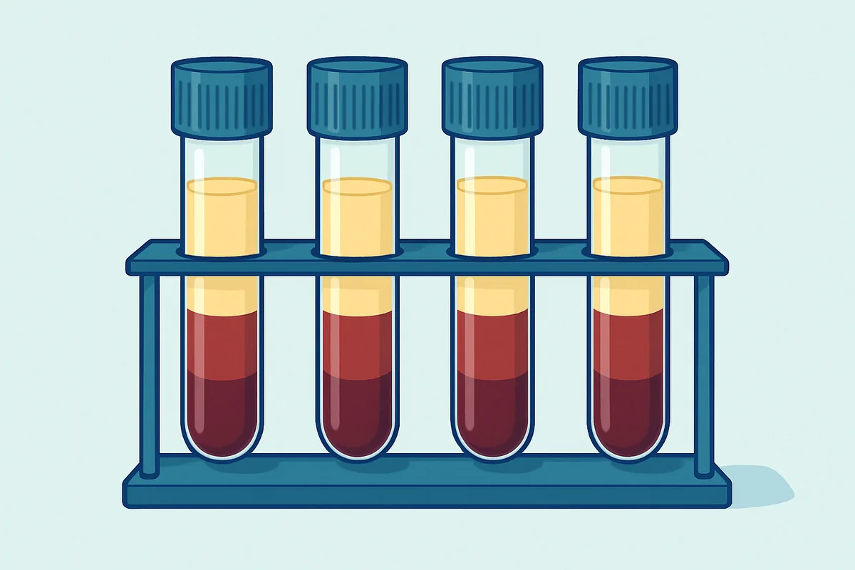 Centrifuged blood tubes showing separated straw-coloured serum layers in a rack