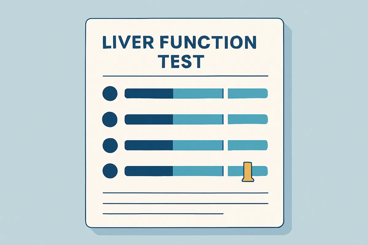 A printed liver function report listing enzyme values in a column with several markers flagged as high