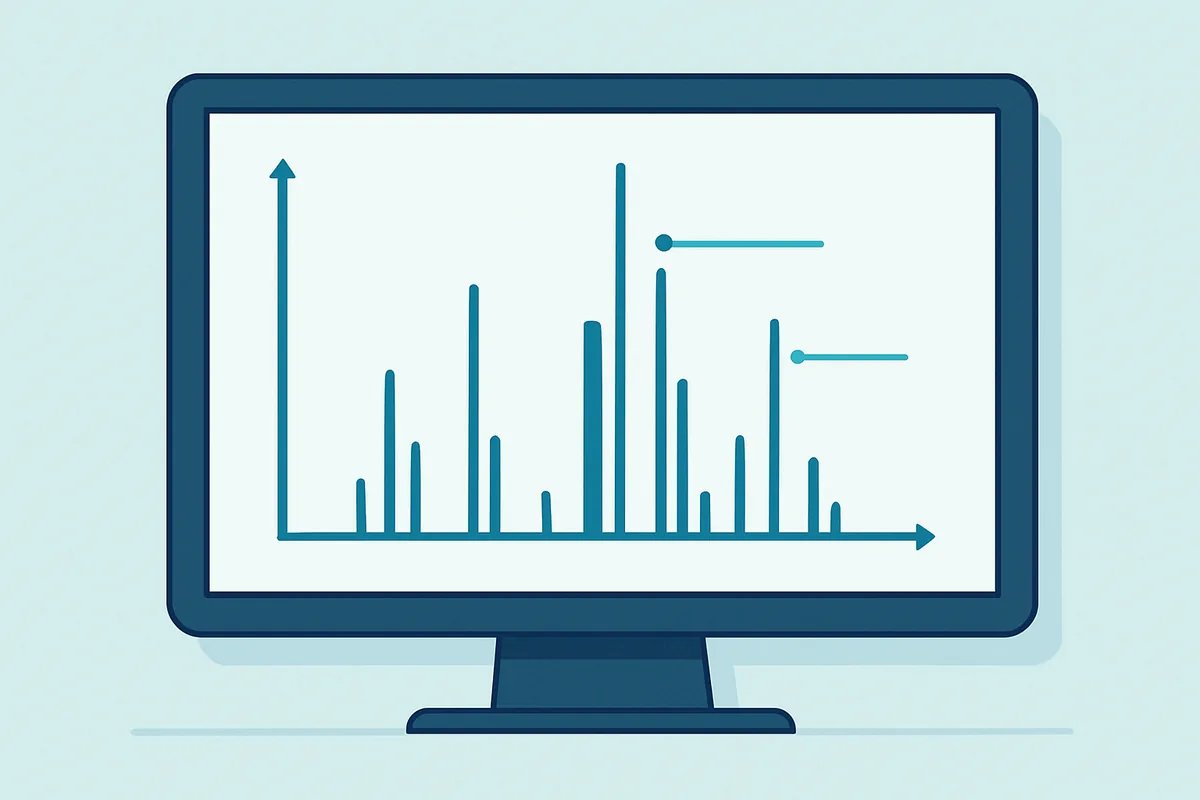 A mass spectrum on a computer monitor showing labelled peaks rising from a baseline against an intensity axis