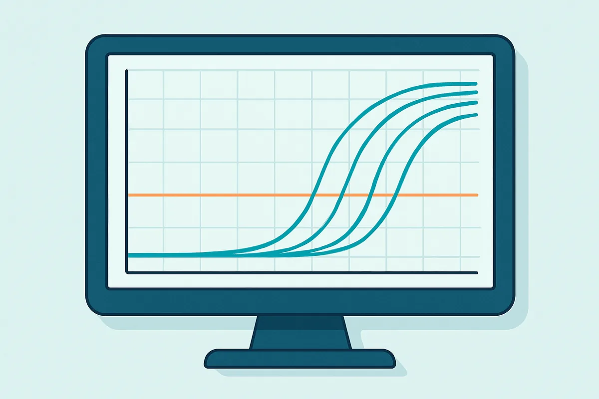 An amplification plot on a monitor showing sigmoid fluorescence curves crossing a threshold line