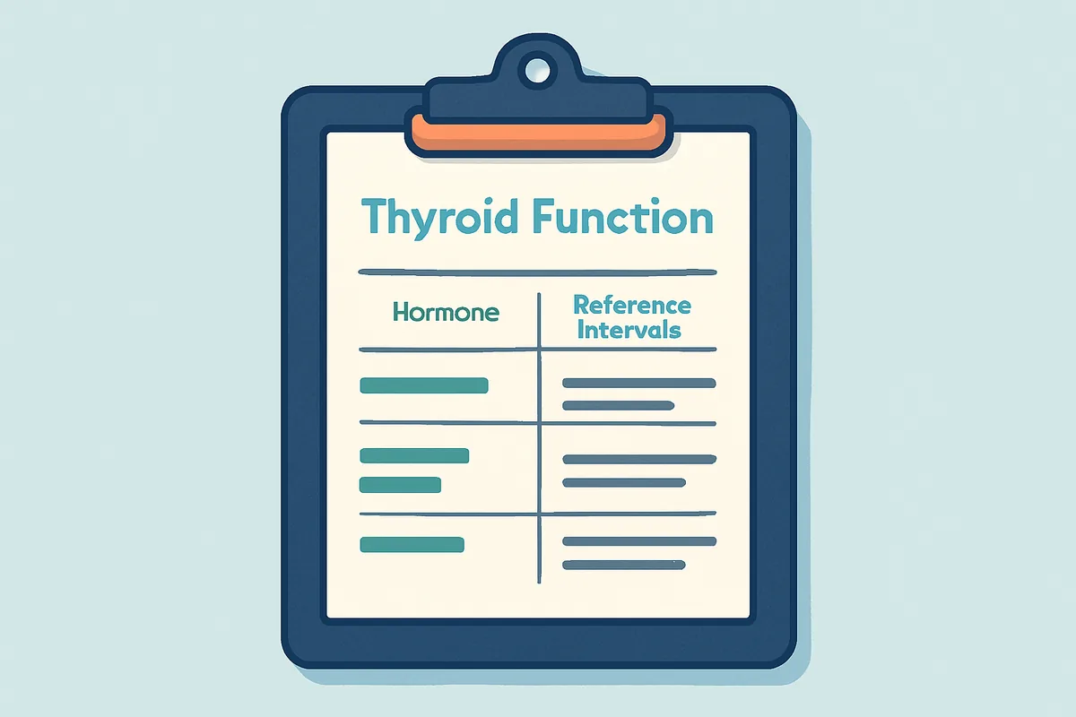 A printed thyroid function report on a clipboard showing hormone values alongside their reference intervals