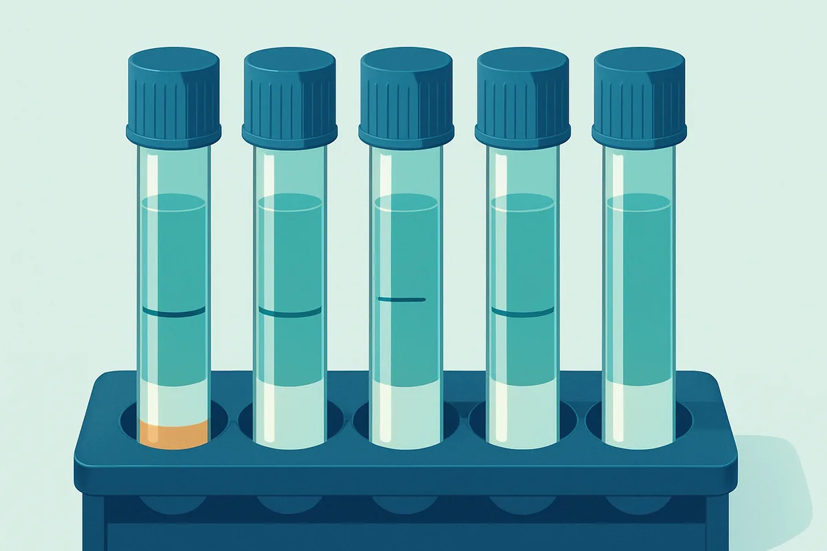A close view of a tube rack showing blue-capped citrated plasma tubes with the fill line marked