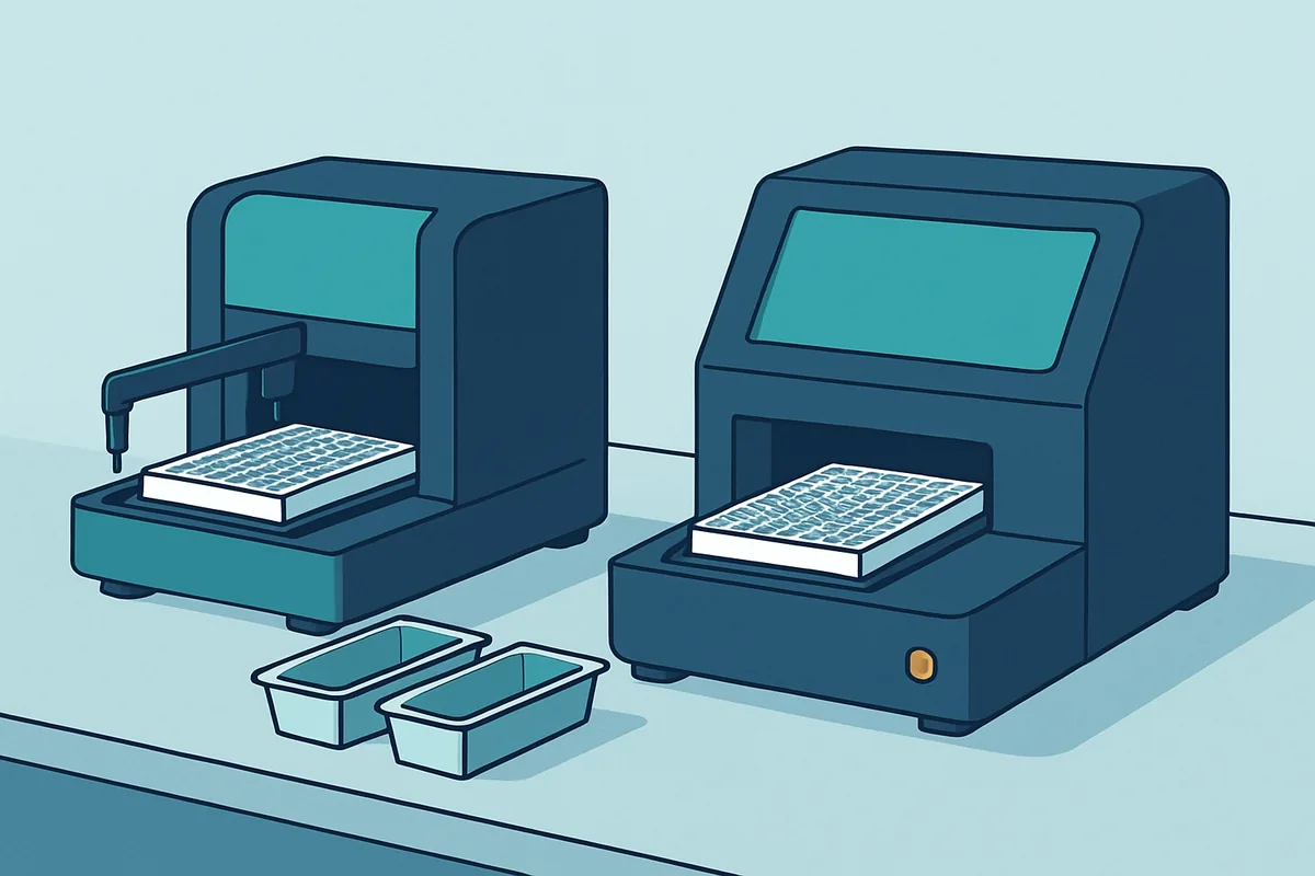 A microplate washer and reader instrument pair on a laboratory bench with reagent troughs