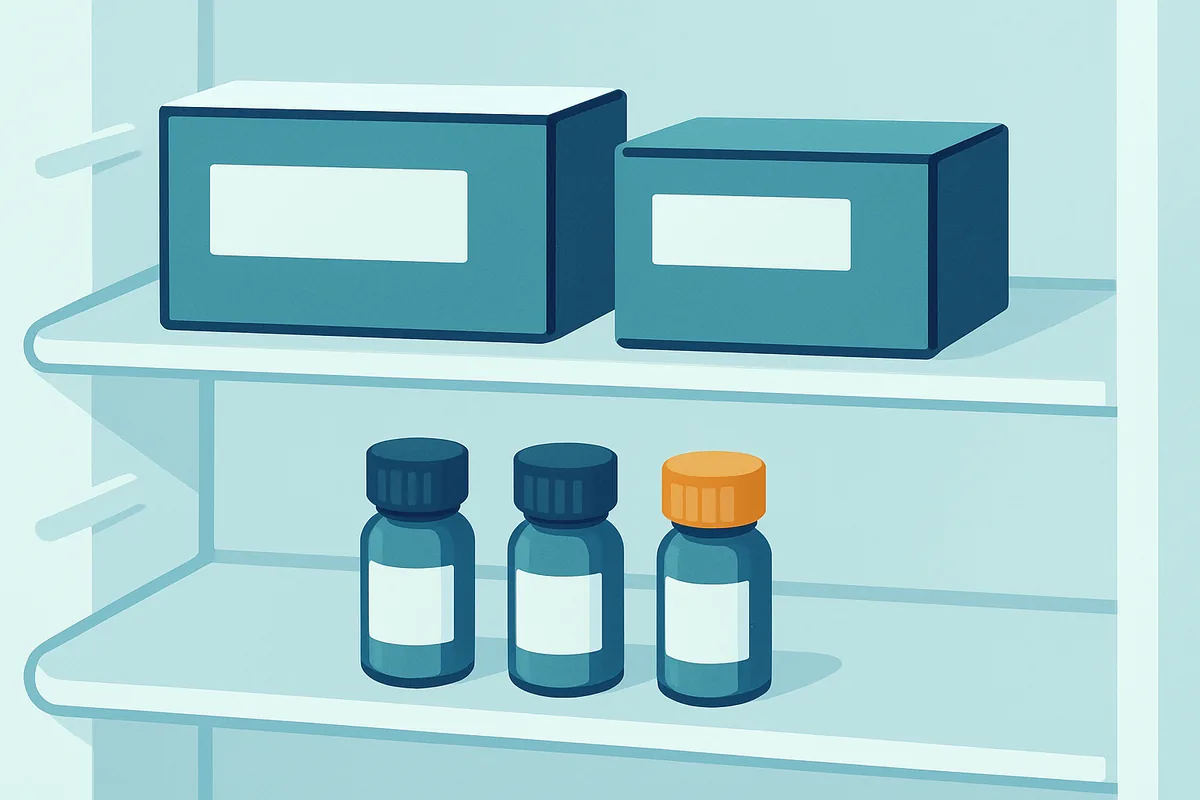 A laboratory refrigerator shelf holding labelled reagent kits and control sera vials