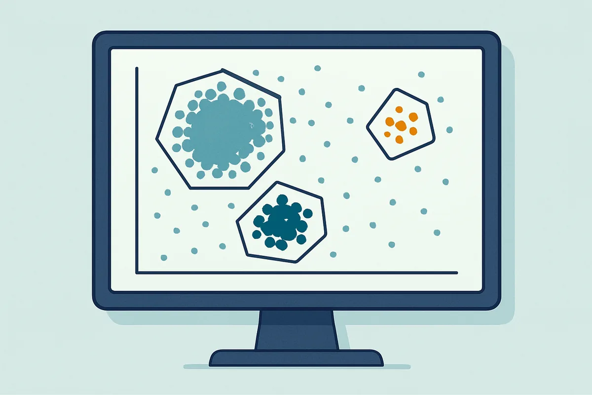 A monitor showing a scatter plot with gated cell populations in distinct coloured clusters
