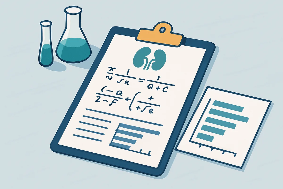 A laboratory worksheet showing kidney function calculations beside a printed reference chart on a bench