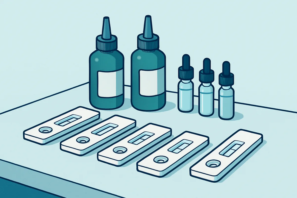 A laboratory bench holding lateral flow test strips, extraction solvent bottles and prepared sample extracts