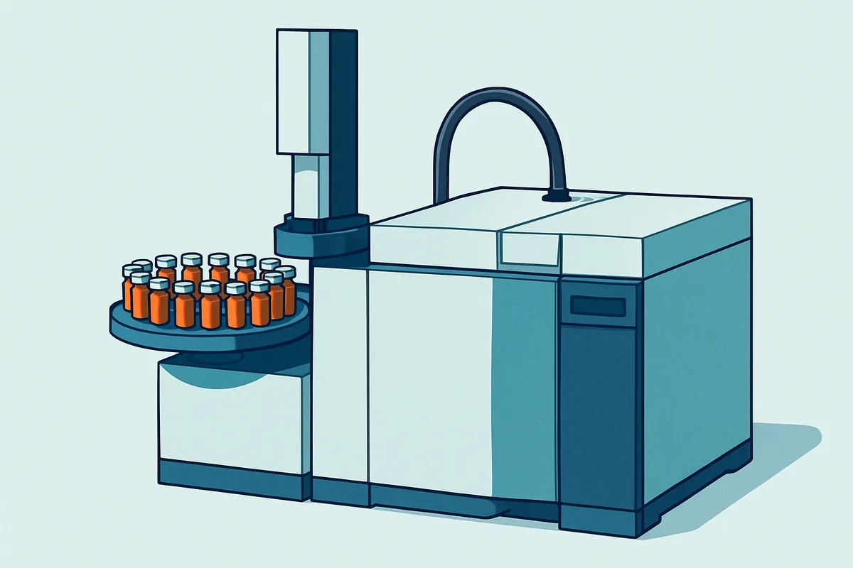 A gas chromatography mass spectrometry instrument with an autosampler tray holding amber extract vials