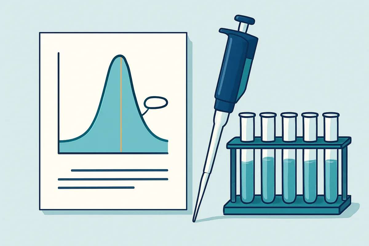A printed absorbance spectrum with a labelled peak wavelength beside a pipette and a rack of tubes
