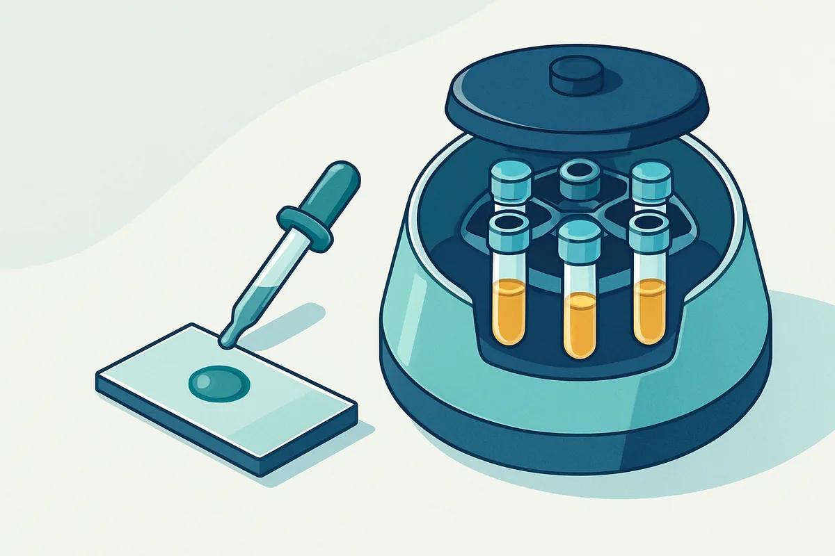 A laboratory centrifuge holding urine sample tubes beside a microscope slide preparation area