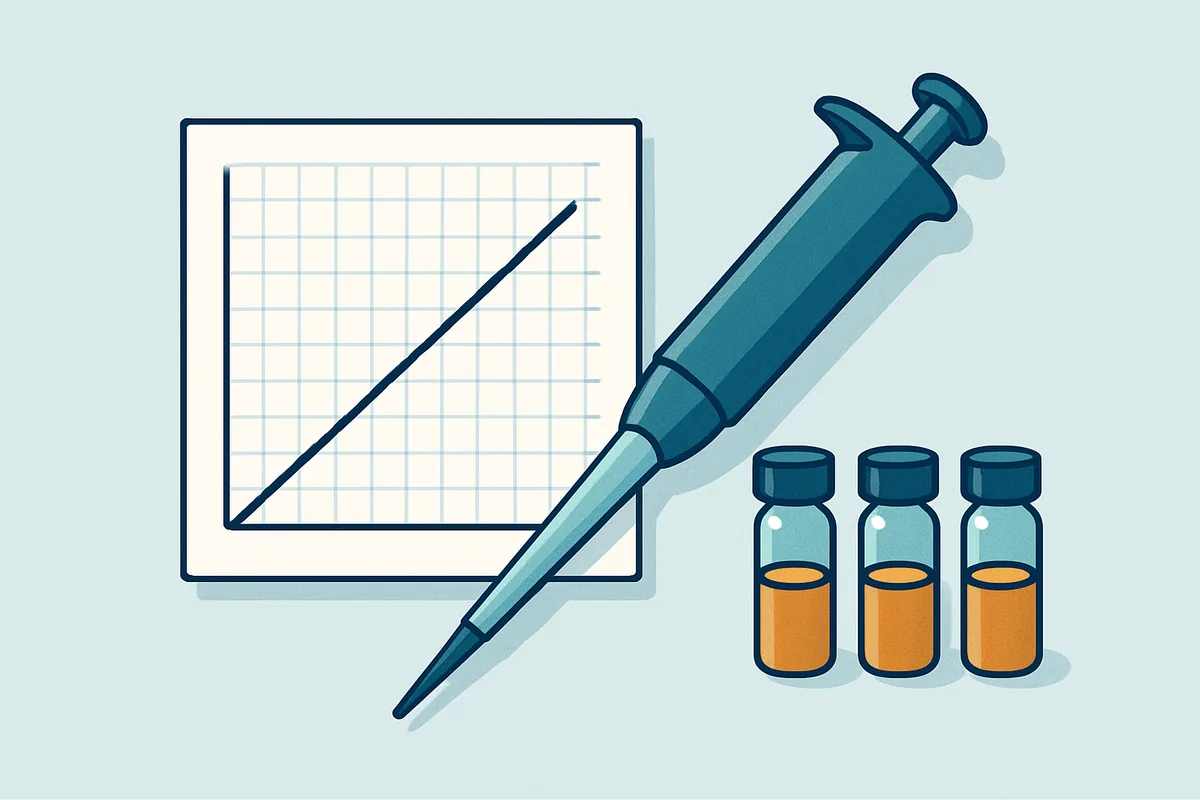 A calibration curve printed on graph paper beside a pipette and small standard solution vials