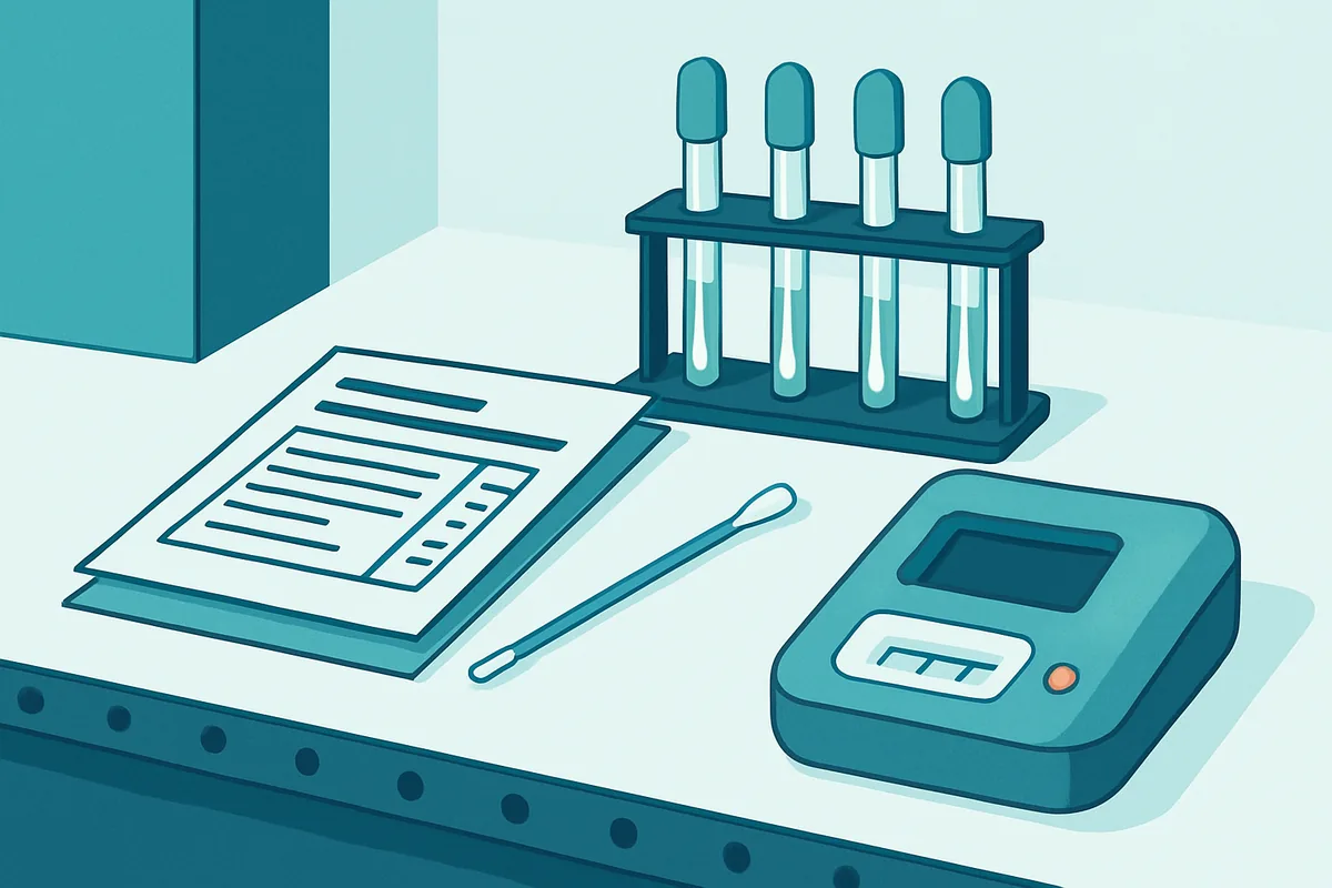 A production line cleaning validation station with swab tubes, record forms and a rapid test reader