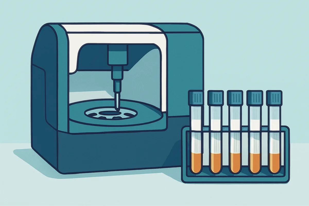 An immunoassay analyser processing serum samples with a rack of labelled patient tubes alongside