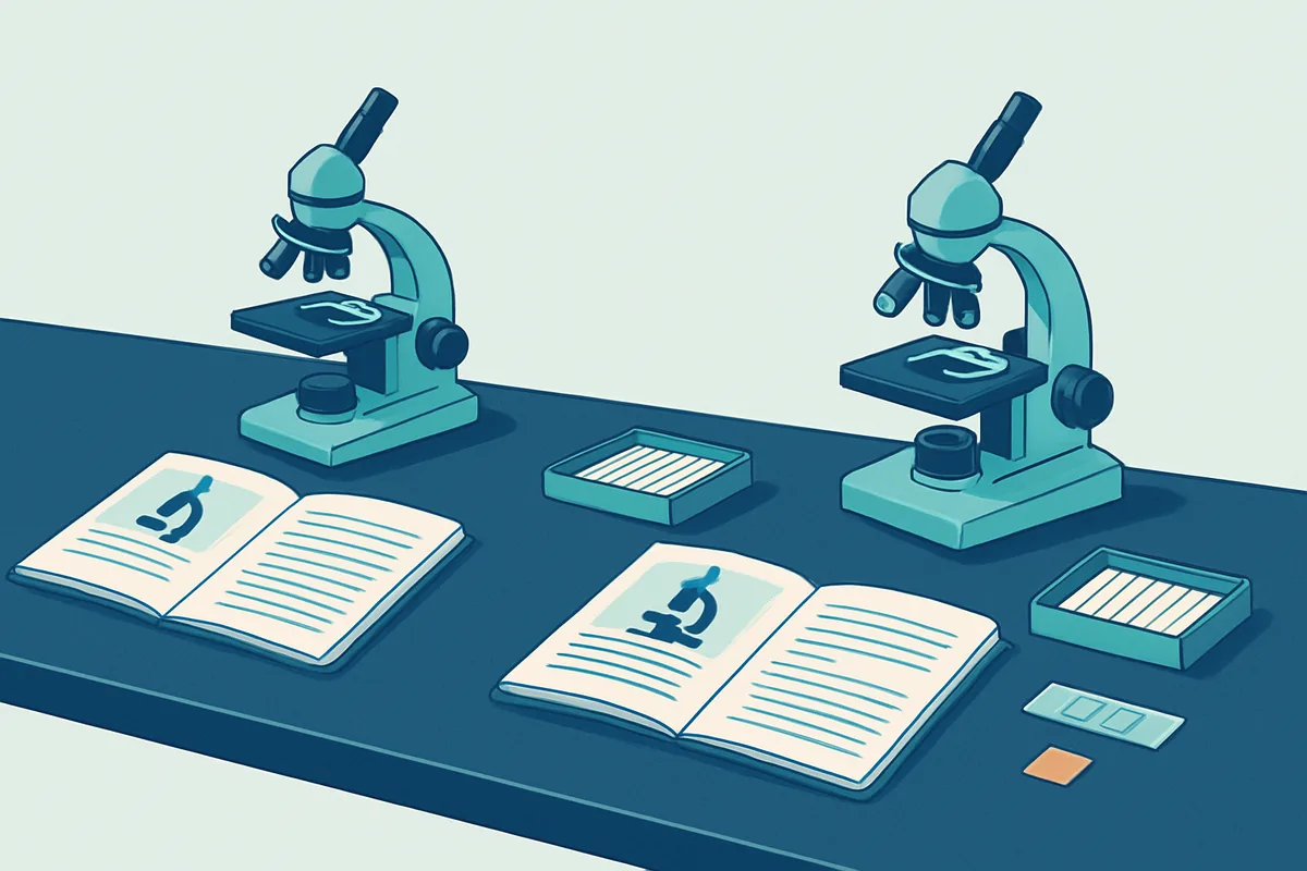 A laboratory training bench laid out with microscopes, procedure manuals and practice slide sets