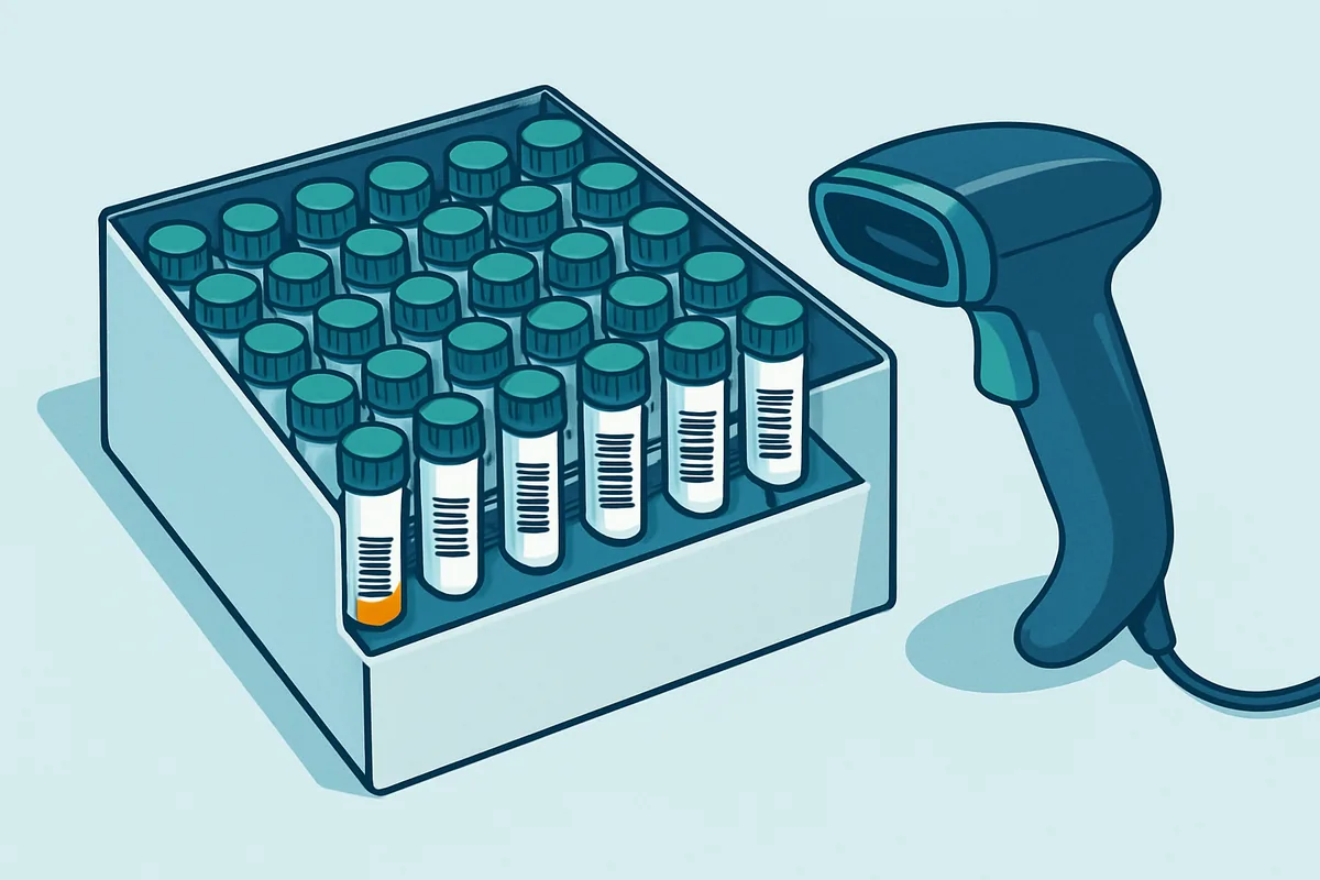 A freezer inventory box holding rows of small labelled cryovials with a barcode scanner beside it