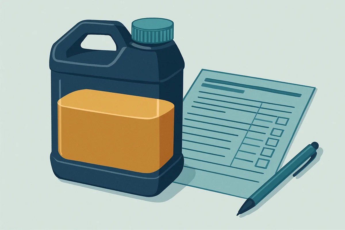 A twenty-four hour urine collection container standing beside a laboratory requisition form and a pen