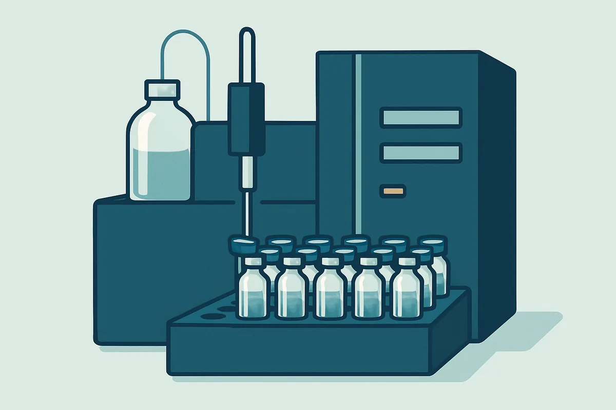 An ion chromatography instrument with prepared water sample vials loaded in a sampler rack