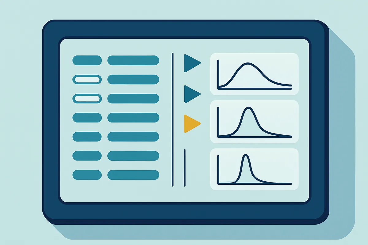 An automated analyser display screen showing a list of sample results with quality control flags