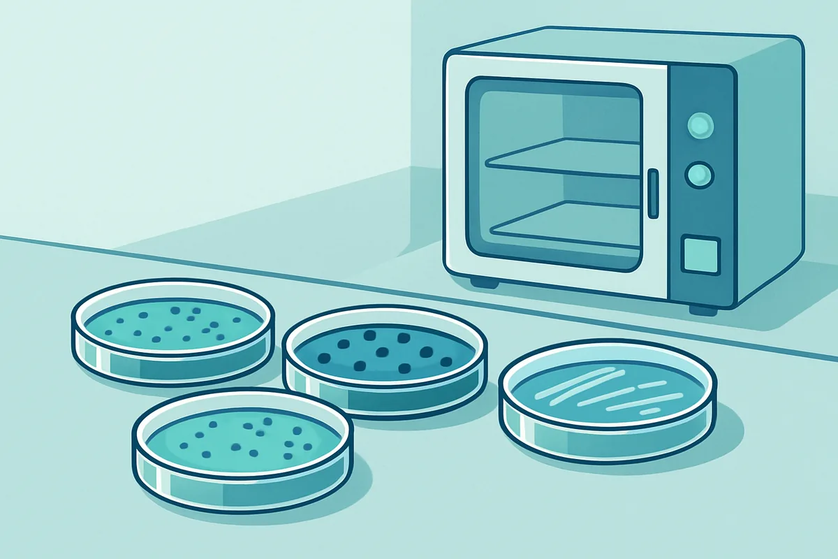 Selective agar plates showing characteristic colony colours arranged beside an incubator in a testing laboratory