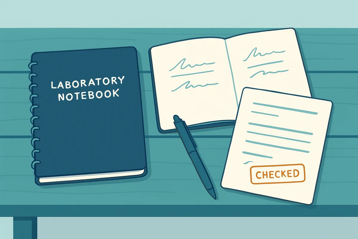 A bench with a bound laboratory notebook open at signed pages, a pen and a stamped standard procedure document