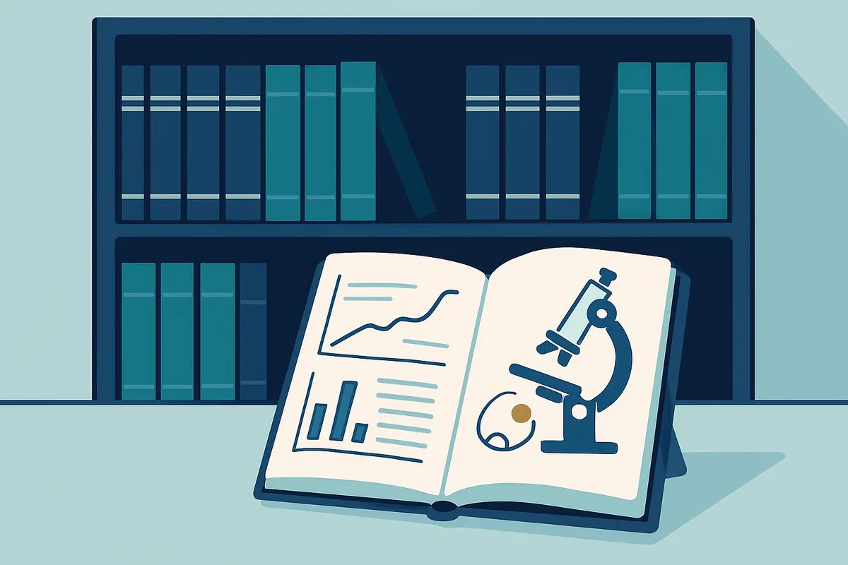 A library shelf of bound scientific journals with one volume lying open on a reading table