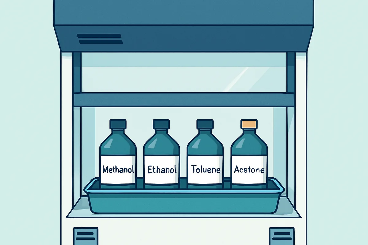 A chemical fume hood with the sash lowered and labelled solvent bottles standing in a spill tray