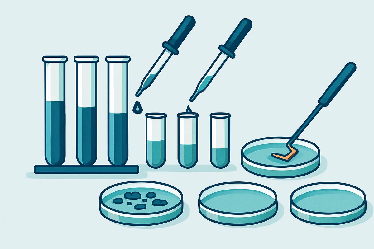 A serial dilution setup with tubes, pipettes and spread plates in a microbiology laboratory