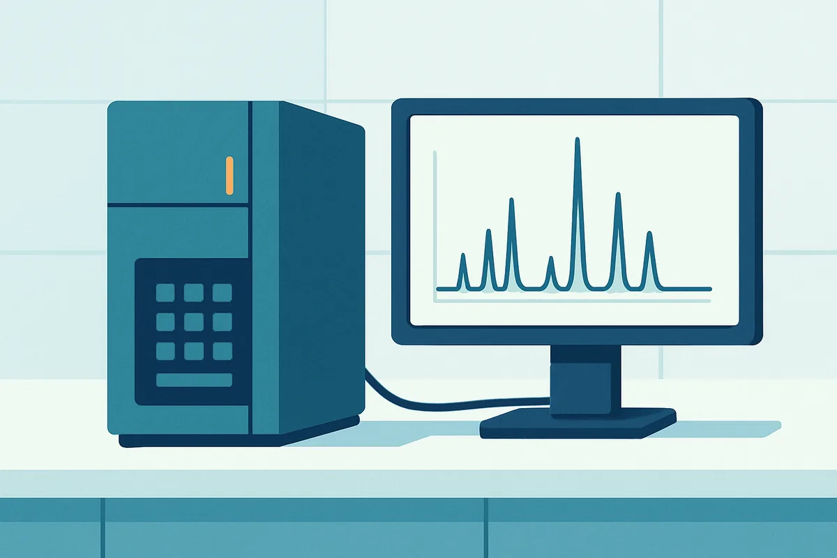 An amino acid analyser with a chromatogram displayed on its attached monitor in a food testing laboratory