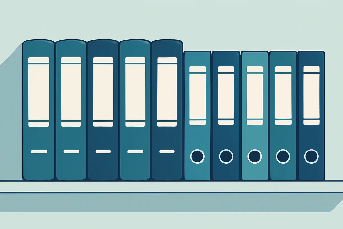 Rows of archived laboratory reference manuals and binders on a shelf in a hospital laboratory