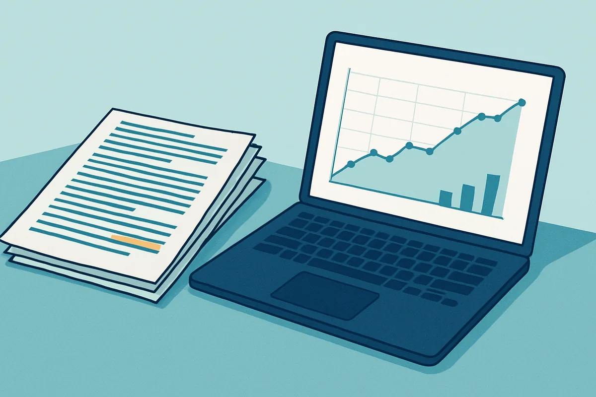 A stack of printed research papers with highlighted passages beside a laptop displaying a statistics plot