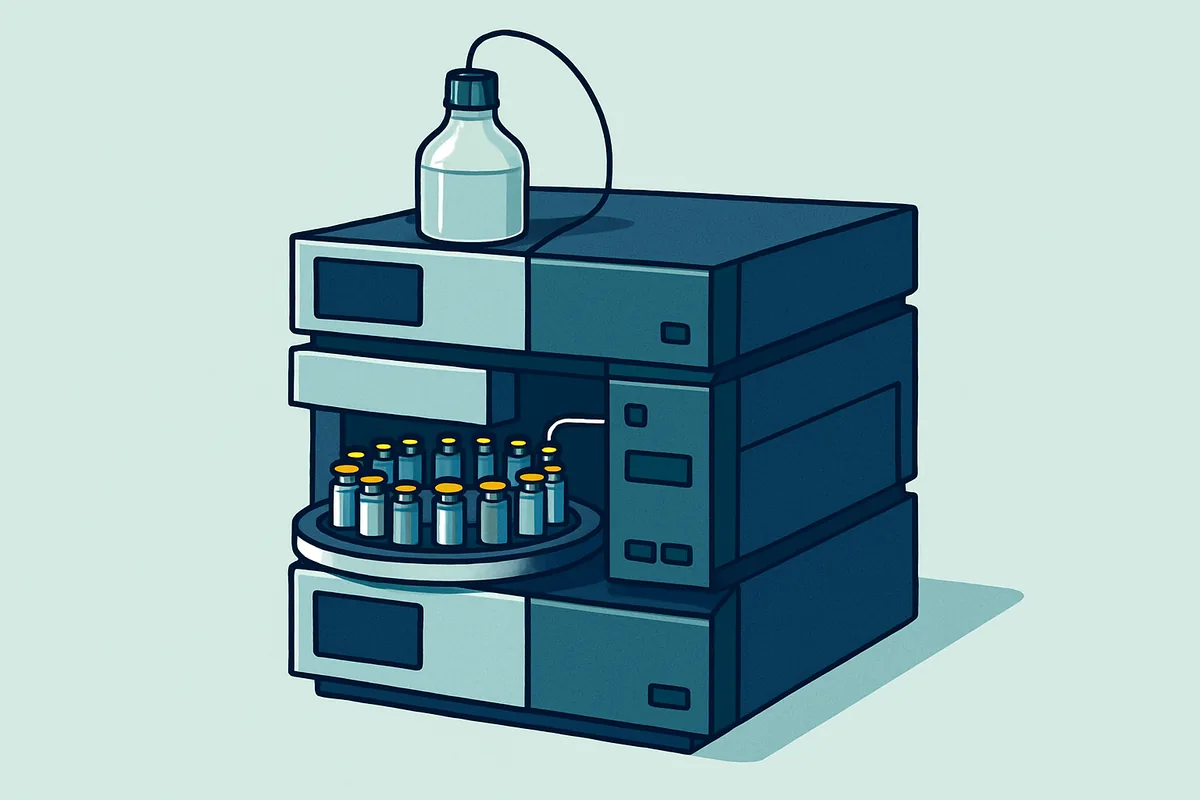 A high performance liquid chromatography system with prepared supplement extract vials loaded in the autosampler