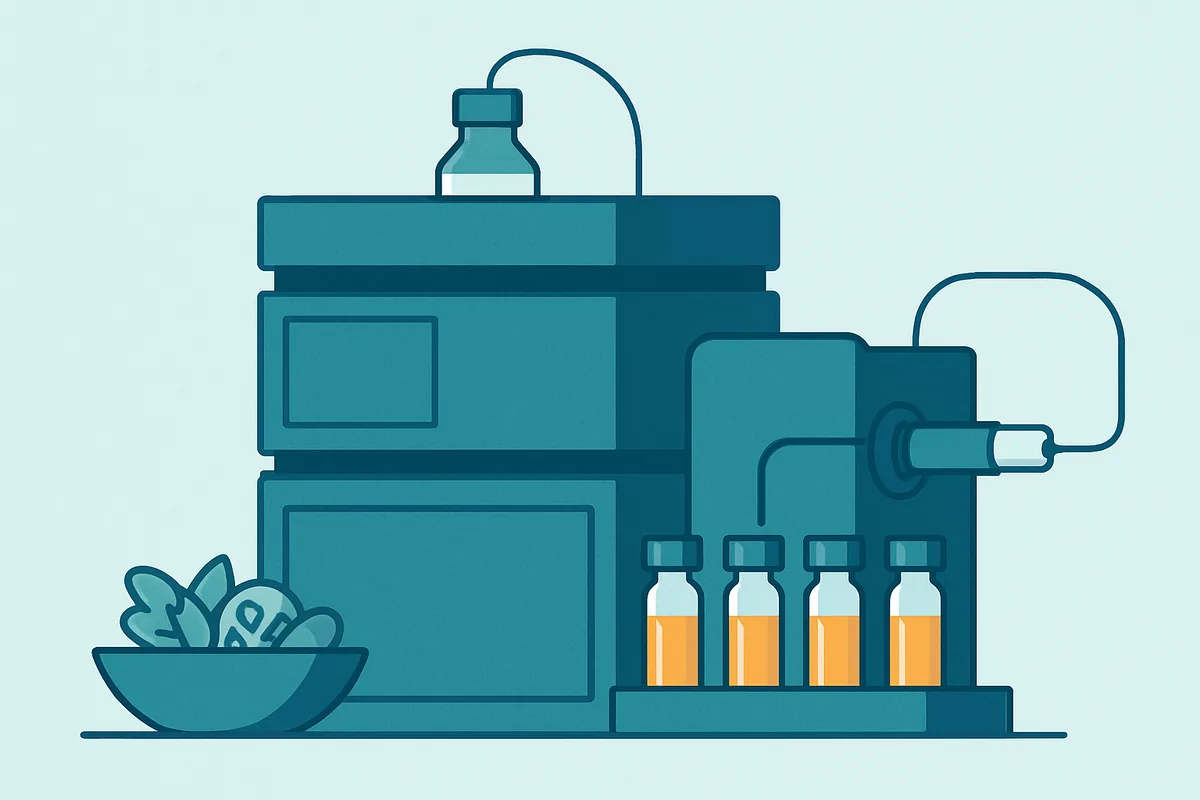 A liquid chromatography mass spectrometry instrument with an autosampler tray of prepared food extracts in small glass vials