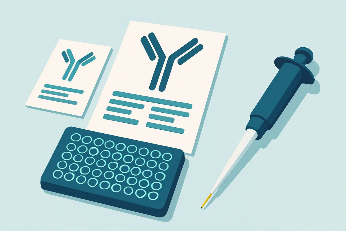 A bench with antibody datasheets, a pipette and a microplate prepared for a validation experiment
