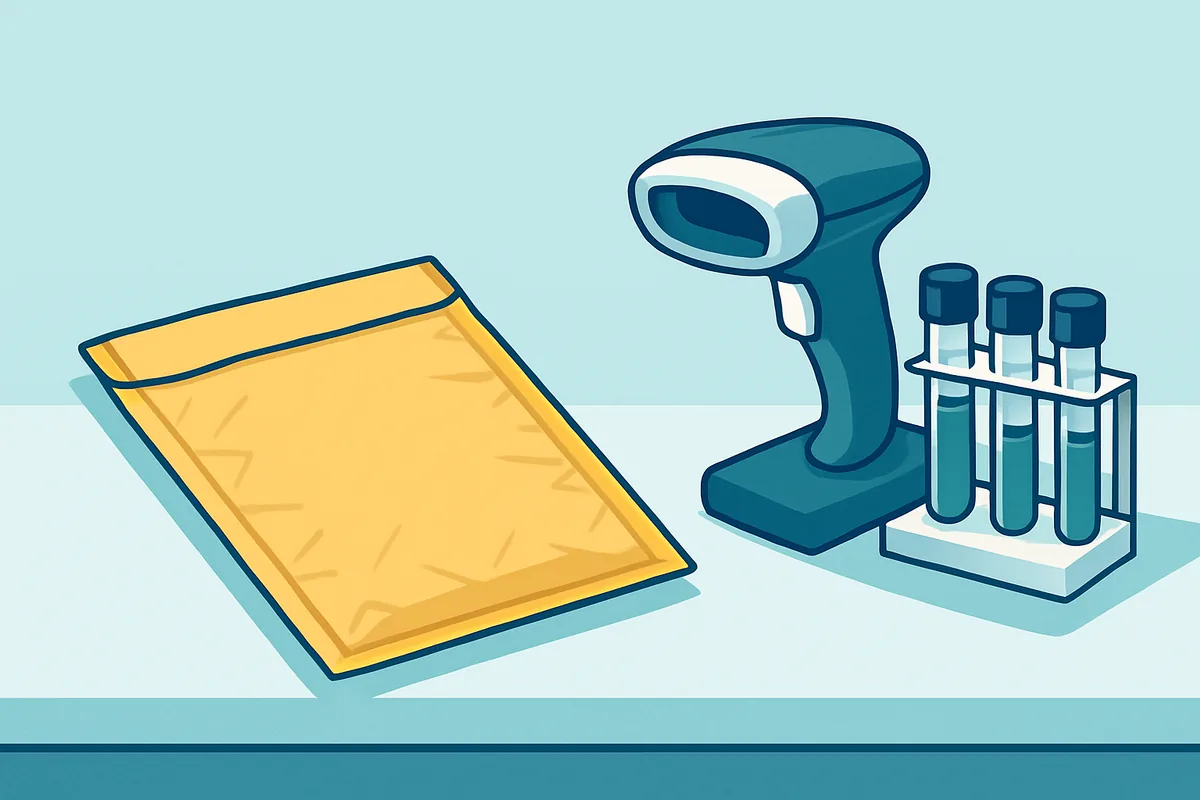 A padded shipping envelope resting beside a laboratory sample reception bench with a barcode scanner