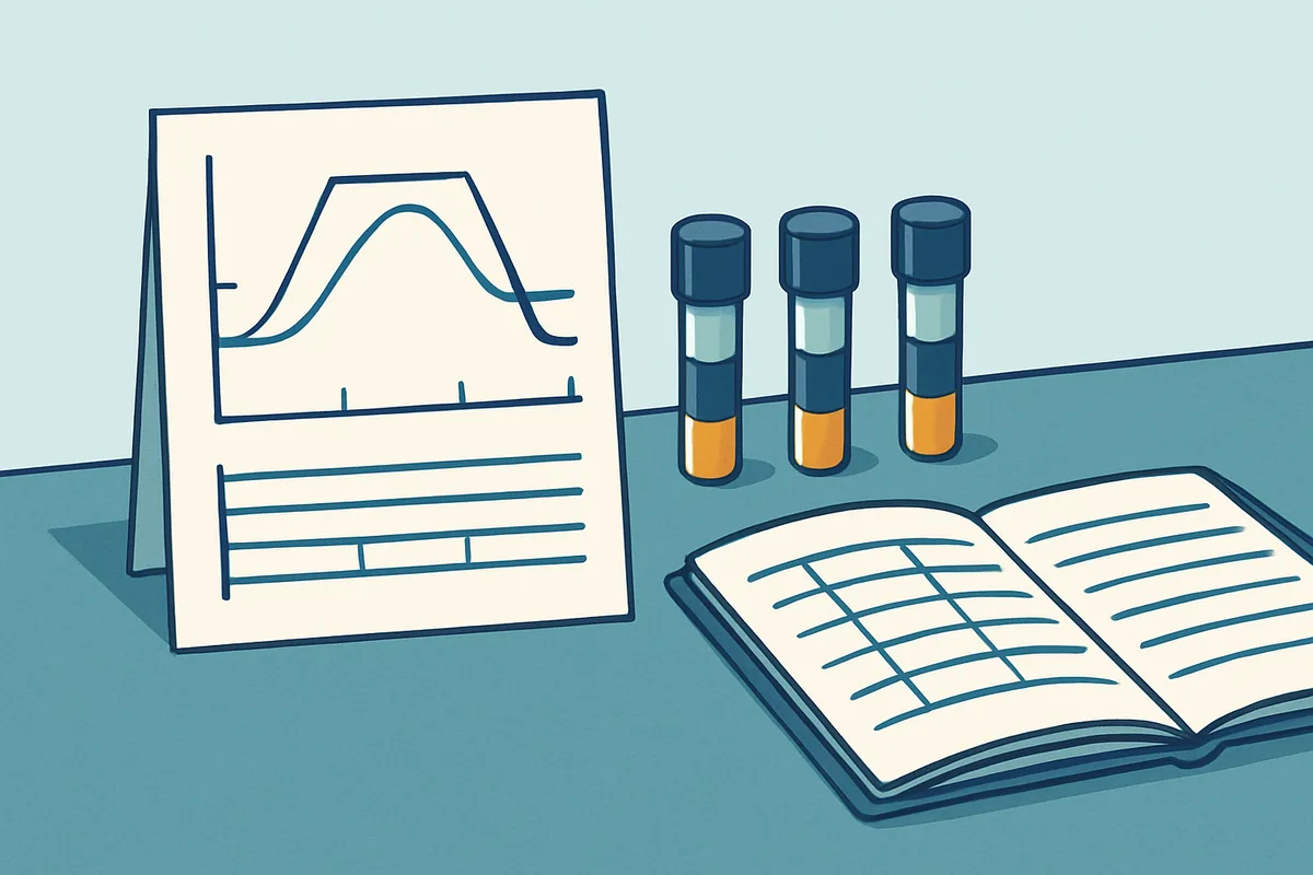 A printed autoclave cycle chart lying beside biological indicator vials and a cycle logbook on a laboratory bench