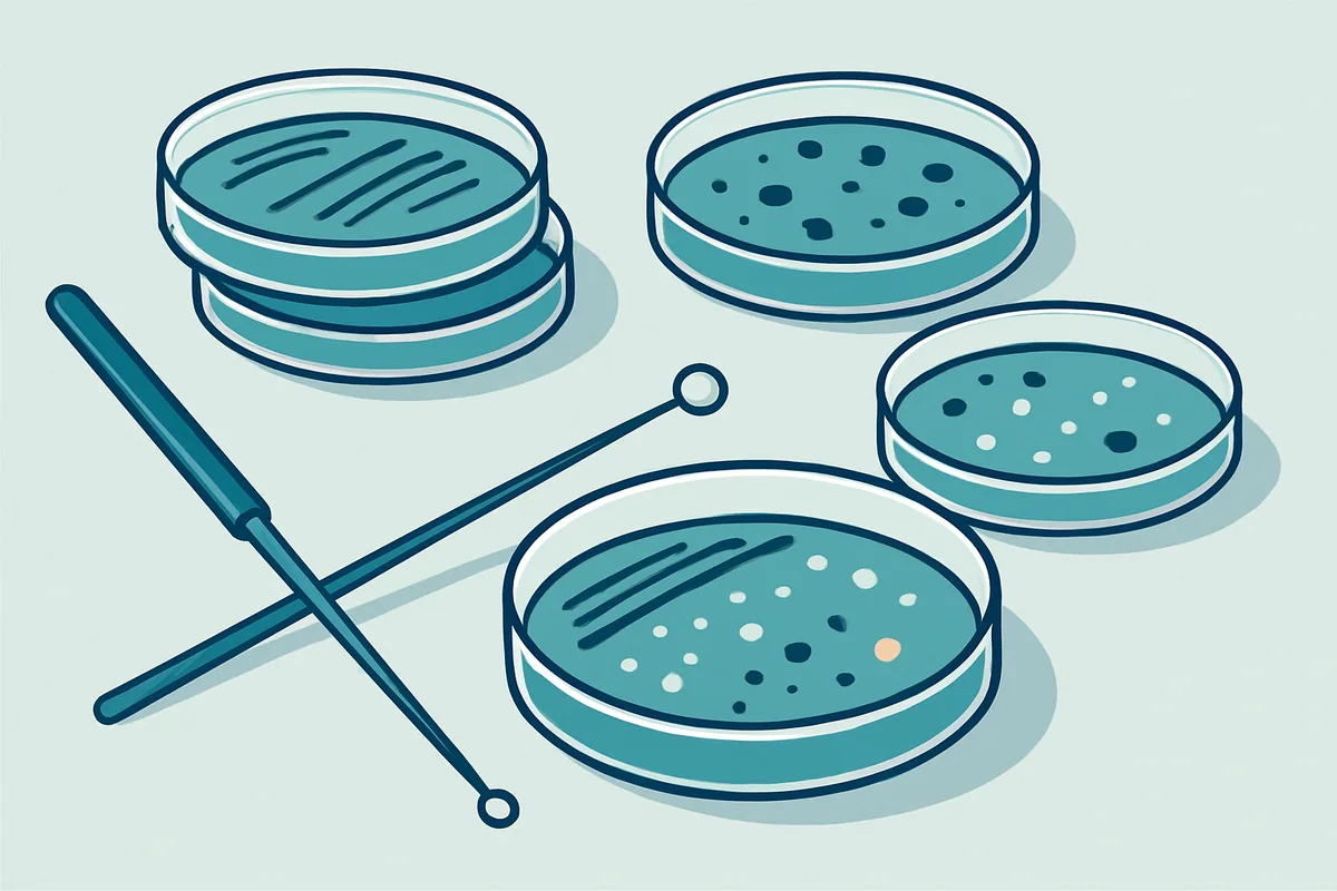 A microbiology bench with agar plates showing bacterial colonies and an inoculation loop