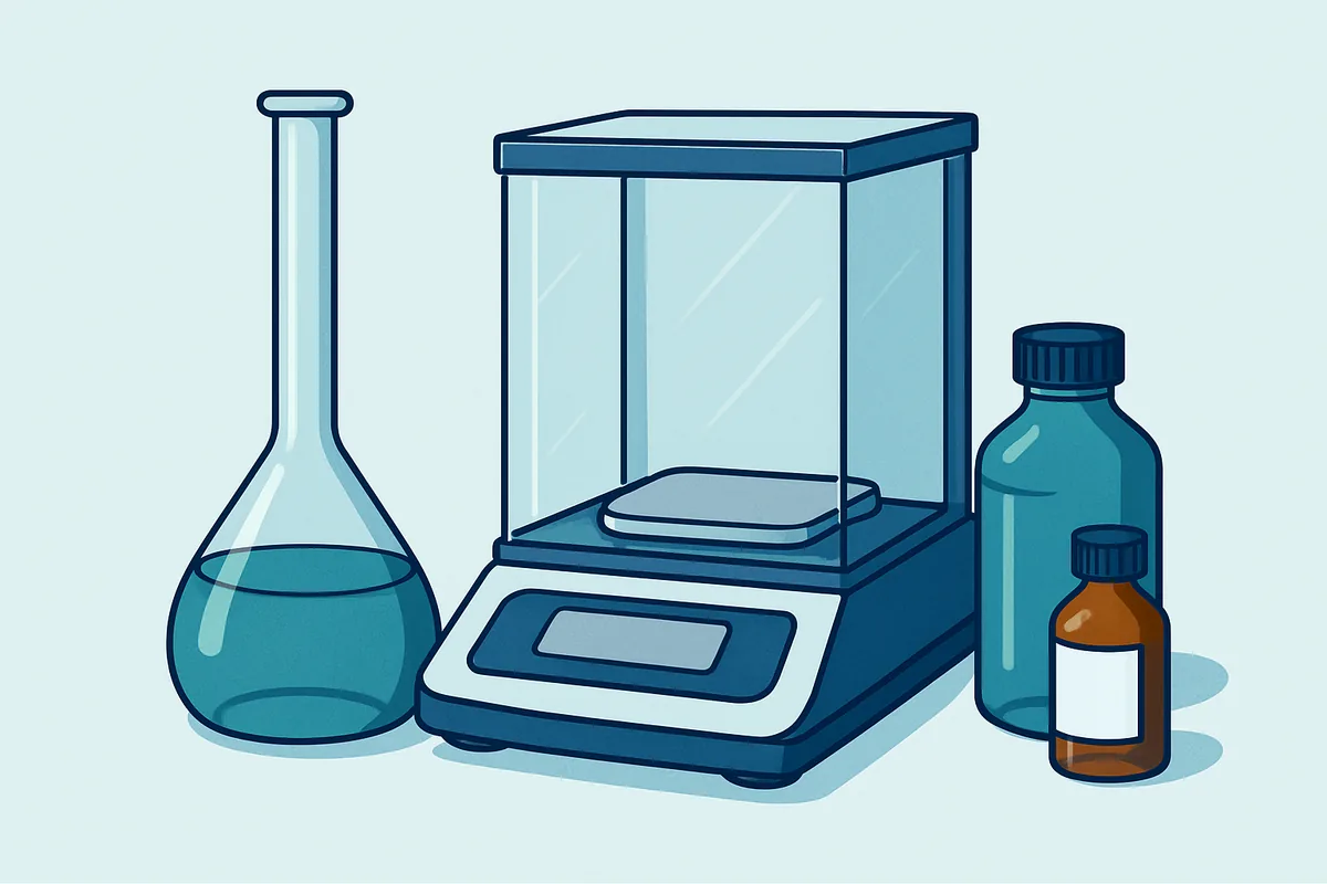 A volumetric flask, an analytical balance and reagent bottles arranged for preparing a solution