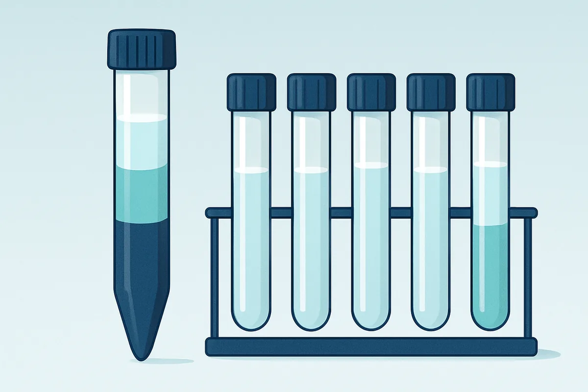 A density gradient tube showing distinct separated bands of material held up beside a rack of similar tubes