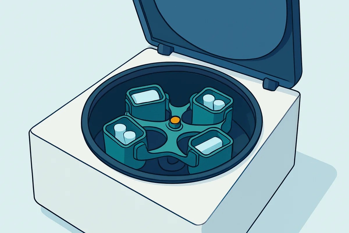 An open centrifuge chamber containing a swinging bucket rotor with balanced tube carriers seated in position