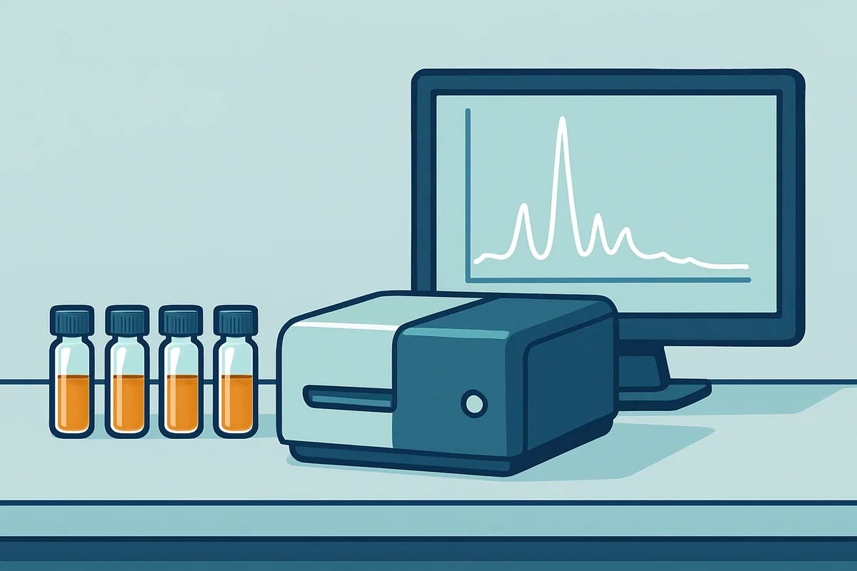 A bench holding sample extracts in vials beside a spectrometer with a reference spectrum on screen