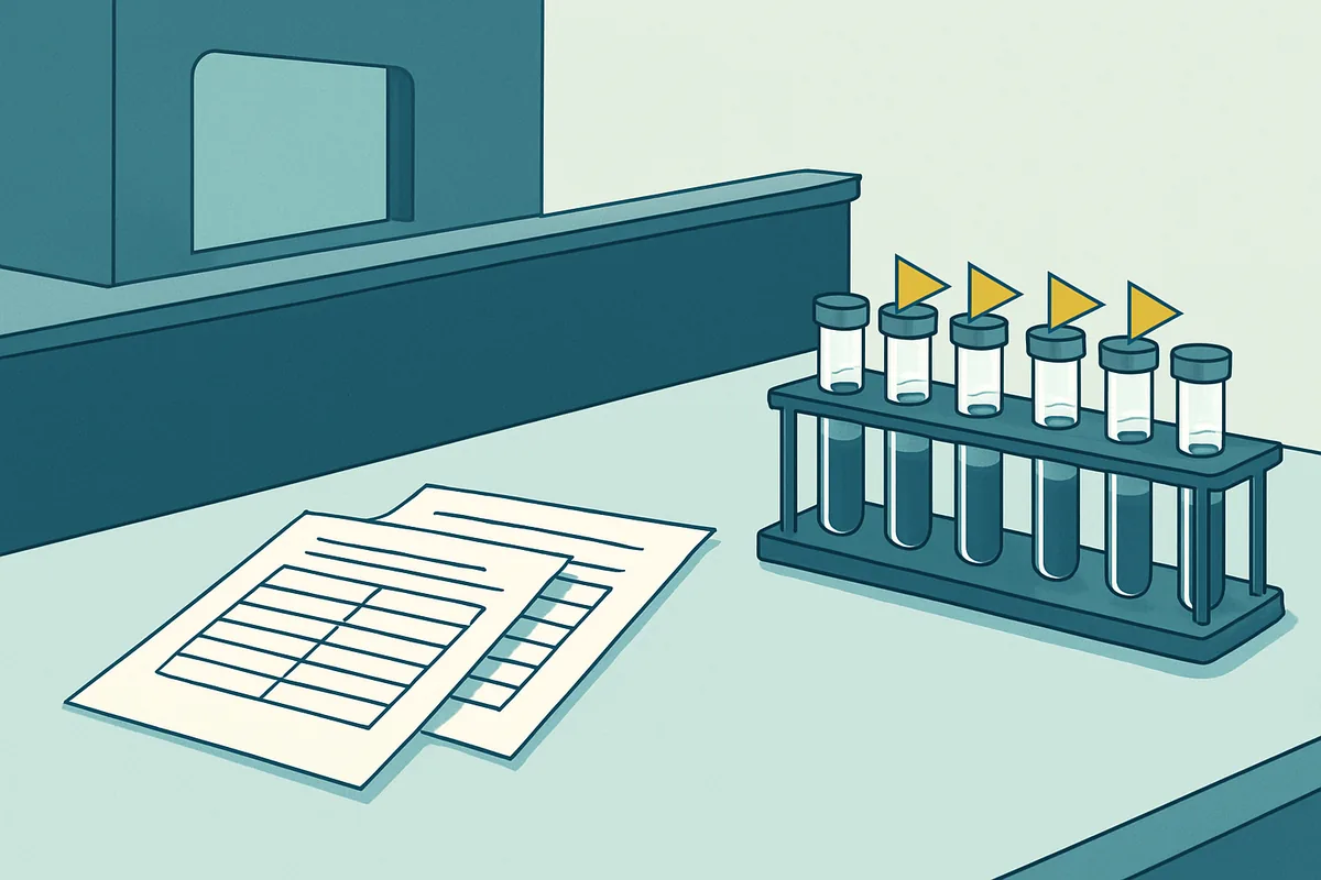 A laboratory specimen reception area with rejection log sheets and a rack of flagged sample tubes