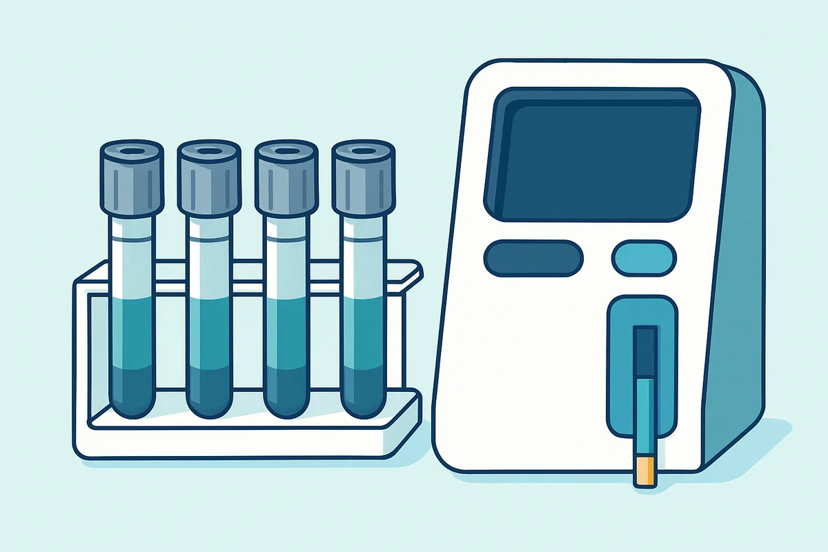 Grey-topped fluoride oxalate blood tubes in a rack beside a glucose analyser module