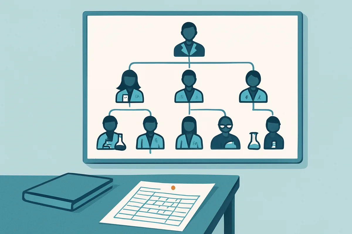 An organisational chart drawn on a whiteboard beside a desk holding laboratory scheduling documents