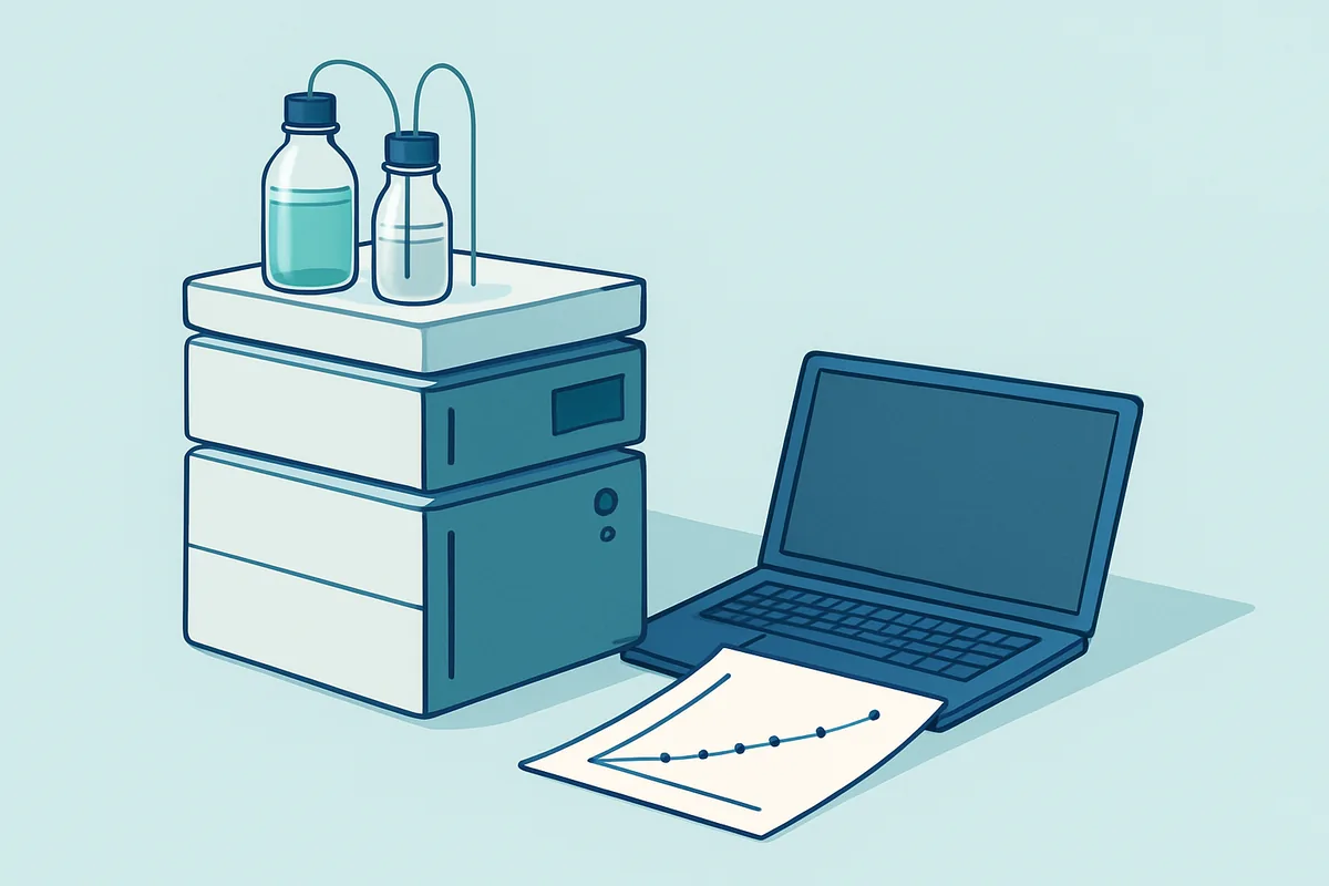A liquid chromatography instrument with a printed calibration standard curve beside the keyboard