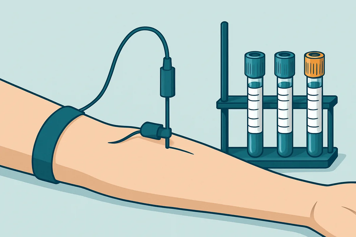 A training arm set up for a demonstration draw with a tube holder, gloves and labelled specimen tubes