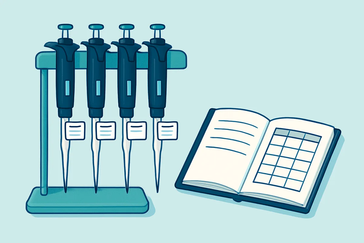 A rack of adjustable volume pipettes carrying calibration date labels standing beside an open maintenance logbook