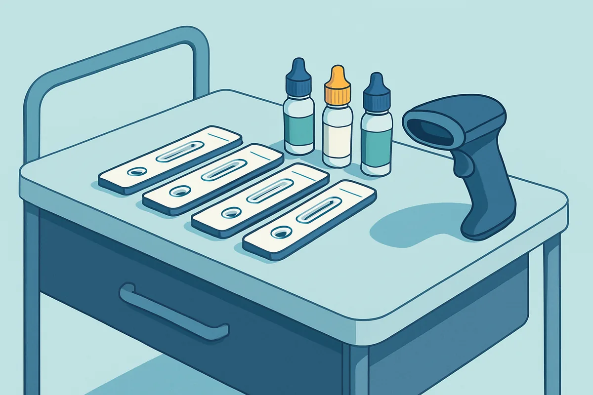 A bedside cart holding several rapid test devices, control solution vials and a barcode reader